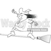 Clipart Outlined Halloween Witch Flying And Standing On A Broom - Royalty Free Vector Illustration © djart #1115685
