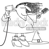 Clipart Outlined Halloween Witch Blow Drying Her Hair - Royalty Free Vector Illustration © djart #1115782