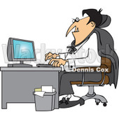 Cartoon Of A Halloween Vampire Using A Computer At An Office Desk - Royalty Free Vector Clipart © djart #1118155