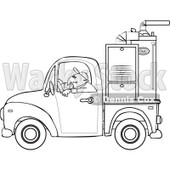 Cartoon Of An Outlined Worker Driving A Truck With A Furnace In The Bed - Royalty Free Vector Clipart © djart #1127092