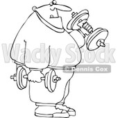 Cartoon Of An Outlined Chubby Bald Man Lifting Weights - Royalty Free Vector Clipart © djart #1127102