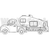 Cartoon Of An Outlined Man Driving A Pickup With A 5th Wheel Camper - Royalty Free Vector Clipart © djart #1127734