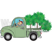 Cartoon Of A Man Driving A Pickup Truck With Trees In The Bed - Royalty Free Vector Clipart © djart #1127746