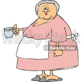 Cartoon of a Chubby Lady Wearing an Apron and Holding a Tea Cup - Royalty Free Vector Clipart © djart #1160541