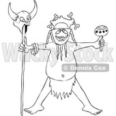 Cartoon of an Outlined Tribal Head Hunter Man Holding a Maraca and a Skull on a Stick - Royalty Free Vector Clipart © djart #1177987