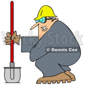 Cartoon of a Grinning Chubby Worker Man with a Helmet Goggles and Shovel - Royalty Free Vector Clipart © djart #1184107