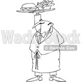 Cartoon of an Outlined Male Waiter Serving a Gourmet Cheeseburger and Fries - Royalty Free Vector Clipart © djart #1184718