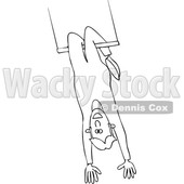 Cartoon of an Outlined Circus Man Swinging Upside down on a Trapeze - Royalty Free Vector Clipart © djart #1199644