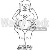 Cartoon of an Outlined Chubby Woman in a Bikini, Squeezing Her Belly Fat - Royalty Free Vector Clipart © djart #1201667