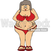 Cartoon of a Chubby White Woman in a Bikini, Squeezing Her Belly Fat - Royalty Free Vector Clipart © djart #1201674