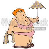 Fat Woman in a Bikini on the Beach, Holding a Towel and Umbrella Cartoon Clipart © djart #12029