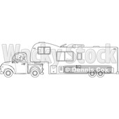 Cartoon of an Outlined Man Driving a Pickup Truck and Hauling a Camper Fifth Wheel Trailer - Royalty Free Vector Clipart © djart #1206726