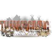 Cartoon of Turkey Birds Pilgrims and Native American Indians Around the Word THANKSGIVING - Royalty Free Clipart © djart #1213923