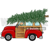 Clipart of a Man Driving a Red Woody Car with a Christmas Tree on the Roof - Royalty Free Illustration © djart #1223833
