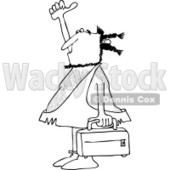 Clipart of a Black and White Hitchhiking Caveman Holding Luggage - Royalty Free Vector Illustration © djart #1254305