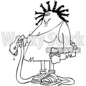 Clipart of a Black and White Caveman Woman Carrying a Dead Snake - Royalty Free Vector Illustration © djart #1254837