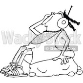Clipart of a Black and White Caveman Wearing Headphones and Rocking out in a Boulder - Royalty Free Vector Illustration © djart #1254838
