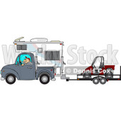 Clipart of a Caucasian Man Driving a Truck and Camper and Towing a Utv - Royalty Free Vector Illustration © djart #1256636