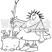 Clipart of a Black and White Chubby Cavewoman Stirring Bone Soup with a Stick - Royalty Free Vector Illustration © djart #1258125