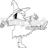 Clipart of a Black and White Chubby Halloween Witch Dancing - Royalty Free Vector Illustration © djart #1267146