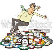 Clipart of a Caucasian Businessman Falling Back on a Pile of Clocks - Royalty Free Vector Illustration © djart #1269084