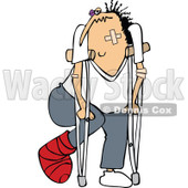Clipart of a Caucasian Banged up Man with Bandages, Crutches, a Black Eye and Cast - Royalty Free Vector Illustration © djart #1283189