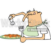 Clipart of a Hungry Chubby White Man Wearing a Bib and Salting a Plate of Spaghetti - Royalty Free Vector Illustration © djart #1290065