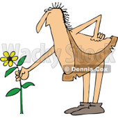 Clipart of a Chubby Male Caveman Picking a Yellow Daisy Flower - Royalty Free Vector Illustration © djart #1290753