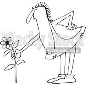 Clipart of a Black and White Chubby Male Caveman Picking a Daisy Flower - Royalty Free Vector Illustration © djart #1290759