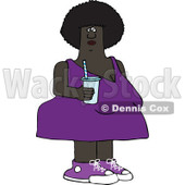 Clipart of a Chubby Black Woman in a Purple Dress, Holding a Fountain Soda - Royalty Free Vector Illustration © djart #1290764