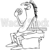 Clipart of a Black and White Chubby Caveman Sitting on a Stump and Eating an Orange - Royalty Free Vector Illustration © djart #1292383