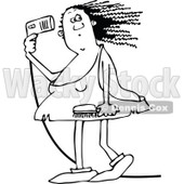 Clipart of a Chubby Black and White Cavewoman Blow Drying Her Hair - Royalty Free Vector Illustration © djart #1292848