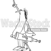Lineart Clipart of a Black and White Chubby Caveman Pointing at the Sky and Standing by a Telescope - Royalty Free Outline Vector Illustration © djart #1294130