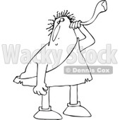 Lineart Clipart of a Black and White Chubby Deaf Caveman Using an Ear Horn - Royalty Free Outline Vector Illustration © djart #1296368