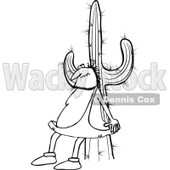 Clipart of a Black and White Chubby Caveman Scratching His Back Against a Cactus - Royalty Free Vector Illustration © djart #1297782