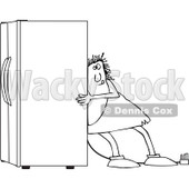 Lineart Clipart of a Black and White Chubby Caveman Using the Wall Behind Him to Push a Refrigerator out - Royalty Free Outline Vector Illustration © djart #1299485