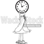 Outline Clipart of a Black and White Chubby Caveman Holding up a Wall Clock - Royalty Free Lineart Vector Illustration © djart #1300329