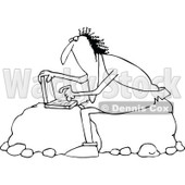 Outline Clipart of a Black and White Chubby Caveman Sitting on Boulders and Using a Laptop Computer - Royalty Free Lineart Vector Illustration © djart #1300331