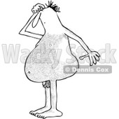 Lineart Clipart of a Cartoon Hairy Black and White Nude Man Looking down at His Small Penis - Royalty Free Outline Vector Illustration © djart #1303064