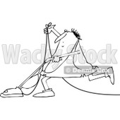 Lineart Clipart of a Cartoon Black and White Chubby Caveman Vacuuming - Royalty Free Outline Vector Illustration © djart #1305095
