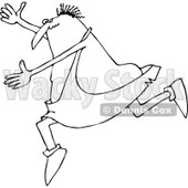 Lineart Clipart of a Cartoon Black and White Chubby Caveman Falling Forward and Tripping - Royalty Free Outline Vector Illustration © djart #1305096