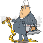 Clipart of a Cartoon Chubby White Male Construction Worker Holding a Nailer and Plug - Royalty Free Vector Illustration © djart #1305117