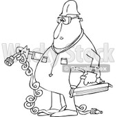 Lineart Clipart of a Cartoon Black and White Chubby Male Construction Worker Holding a Nailer and Plug - Royalty Free Outline Vector Illustration © djart #1305118