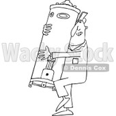 Lineart Clipart of a Cartoon Black and White Plumber Worker Man Carrying a Water Heater - Royalty Free Outline Vector Illustration © djart #1305577