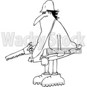 Lineart Clipart of a Cartoon Black and White Chubby Caveman Worker Holding a Hammer and Saw - Royalty Free Outline Vector Illustration © djart #1305935