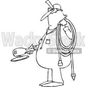 Lineart Clipart of a Cartoon Black and White Chubby Worker Man Holding a Grinder and an Air Hose - Royalty Free Outline Vector Illustration © djart #1305943