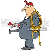 Clipart of a Cartoon Chubby White Worker Man Holding a Nailer and an Air Hose - Royalty Free Vector Illustration © djart #1305945