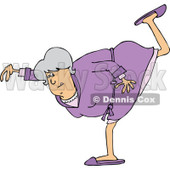 Clipart of a Cartoon Chubby Senior White Woman in a Purple Robe, Balancing on One Foot - Royalty Free Vector Illustration © djart #1311953