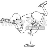 Lineart Clipart of a Cartoon Black and White Chubby Senior Woman in a Robe, Balancing on One Foot - Royalty Free Outline Vector Illustration © djart #1311954