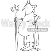 Lineart Clipart of a Cartoon Black and White Fat Devil Standing with a Pitchfork - Royalty Free Outline Vector Illustration © djart #1312549